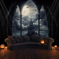 Gothic Black Cathedral Window Scene Wall Tapestry Backdrop, Dark Haunted Room Halloween Decoration for 2025 Halloween Living Room, Bedroom