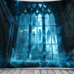 Gothic Black Cathedral Window Scene Wall Tapestry Backdrop, Dark Haunted Room Halloween Decoration for 2025 Halloween Living Room, Bedroom