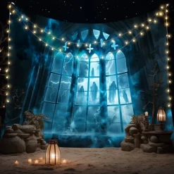 Gothic Black Cathedral Window Scene Wall Tapestry Backdrop, Dark Haunted Room Halloween Decoration for 2025 Halloween Living Room, Bedroom