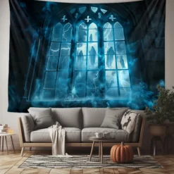 Gothic Black Cathedral Window Scene Wall Tapestry Backdrop, Dark Haunted Room Halloween Decoration for 2025 Halloween Living Room, Bedroom
