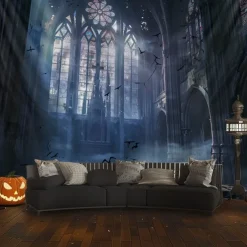 Gothic Black Cathedral Window Scene Wall Tapestry Backdrop, Dark Haunted Room Halloween Decoration for 2025 Halloween Living Room, Bedroom
