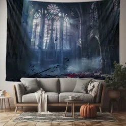 Gothic Black Cathedral Window Scene Wall Tapestry Backdrop, Dark Haunted Room Halloween Decoration for 2025 Halloween Living Room, Bedroom