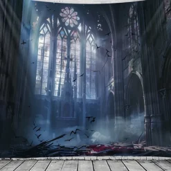 Gothic Black Cathedral Window Scene Wall Tapestry Backdrop, Dark Haunted Room Halloween Decoration for 2025 Halloween Living Room, Bedroom