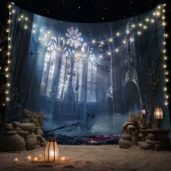 Gothic Black Cathedral Window Scene Wall Tapestry Backdrop, Dark Haunted Room Halloween Decoration for 2025 Halloween Living Room, Bedroom
