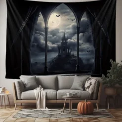 Gothic Black Cathedral Window Scene Wall Tapestry Backdrop, Dark Haunted Room Halloween Decoration for 2025 Halloween Living Room, Bedroom