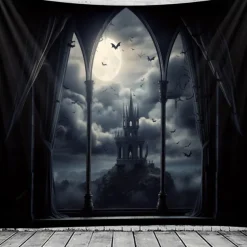 Gothic Black Cathedral Window Scene Wall Tapestry Backdrop, Dark Haunted Room Halloween Decoration for 2025 Halloween Living Room, Bedroom