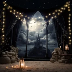 Gothic Black Cathedral Window Scene Wall Tapestry Backdrop, Dark Haunted Room Halloween Decoration for 2025 Halloween Living Room, Bedroom