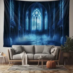 Gothic Black Cathedral Window Scene Wall Tapestry Backdrop, Dark Haunted Room Halloween Decoration for 2025 Halloween Living Room, Bedroom