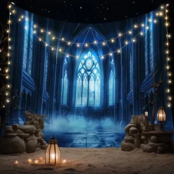 Gothic Black Cathedral Window Scene Wall Tapestry Backdrop, Dark Haunted Room Halloween Decoration for 2025 Halloween Living Room, Bedroom