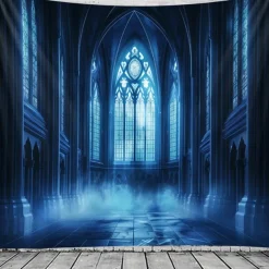 Gothic Black Cathedral Window Scene Wall Tapestry Backdrop, Dark Haunted Room Halloween Decoration for 2025 Halloween Living Room, Bedroom