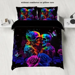 Gothic Cool Skull Floral Print 3-Piece Duvet Cover Set Bedding Set - Unique and Artistic Design - Includes Duvet Cover and Pillowcases - Soft and Durable Fabric - Perfect for Adding an Edgy Touch to Your Bedroom Decor