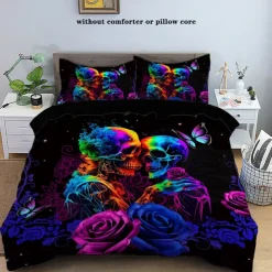 Gothic Cool Skull Floral Print 3-Piece Duvet Cover Set Bedding Set - Unique and Artistic Design - Includes Duvet Cover and Pillowcases - Soft and Durable Fabric - Perfect for Adding an Edgy Touch to Your Bedroom Decor