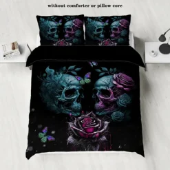 Gothic Cool Skull Floral Print 3-Piece Duvet Cover Set Bedding Set - Unique and Artistic Design - Includes Duvet Cover and Pillowcases - Soft and Durable Fabric - Perfect for Adding an Edgy Touch to Your Bedroom Decor
