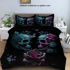 Gothic Cool Skull Floral Print 3-Piece Duvet Cover Set Bedding Set - Unique and Artistic Design - Includes Duvet Cover and Pillowcases - Soft and Durable Fabric - Perfect for Adding an Edgy Touch to Your Bedroom Decor