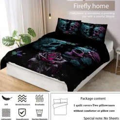Gothic Cool Skull Floral Print 3-Piece Duvet Cover Set Bedding Set - Unique and Artistic Design - Includes Duvet Cover and Pillowcases - Soft and Durable Fabric - Perfect for Adding an Edgy Touch to Your Bedroom Decor