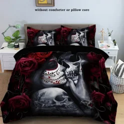 Gothic Cool Skull Floral Print 3-Piece Duvet Cover Set Bedding Set - Unique and Artistic Design - Includes Duvet Cover and Pillowcases - Soft and Durable Fabric - Perfect for Adding an Edgy Touch to Your Bedroom Decor