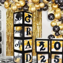 Graduation Decorations Class of 2025, 4pcs 2025 Graduation Party Black Balloon Boxes with Letters GRAD, 2025 for Preschool Kindergarten High School College Grad Party Celebration Supplies