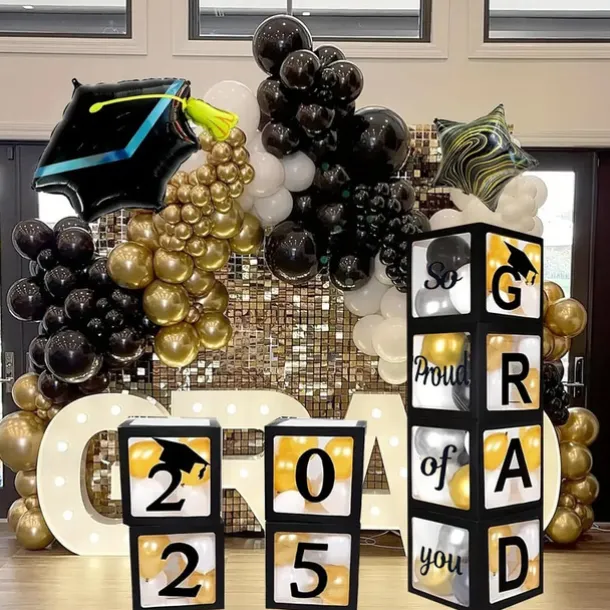 Graduation Decorations Class of 2025, 4pcs 2025 Graduation Party Black Balloon Boxes with Letters GRAD, 2025 for Preschool Kindergarten High School College Grad Party Celebration Supplies