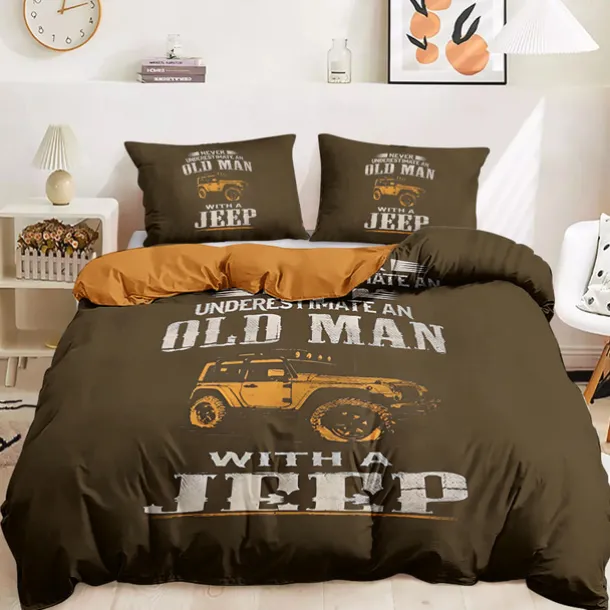Graphic Car Old Man Duvet Cover Set Vintage Retro Style Soft Durable Microfiber Quilt Cover with Pillowcases Unique Bedroom Decor