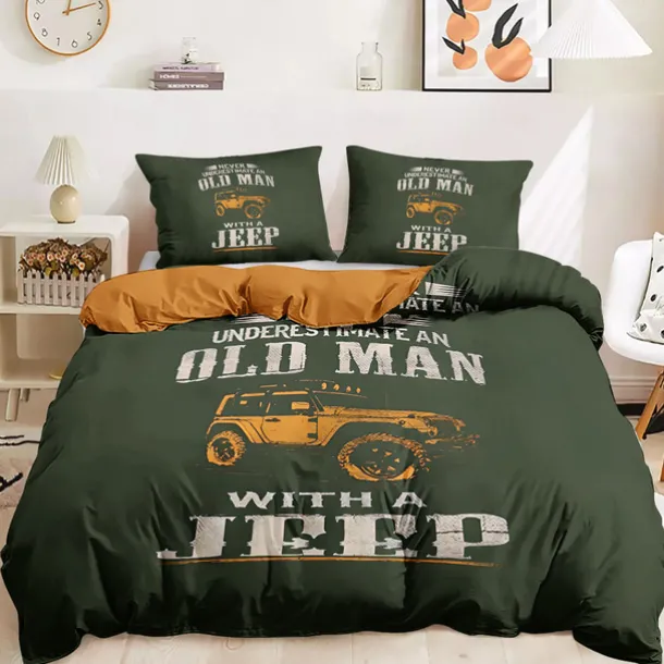 Graphic Car Old Man Duvet Cover Set Vintage Retro Style Soft Durable Microfiber Quilt Cover with Pillowcases Unique Bedroom Decor