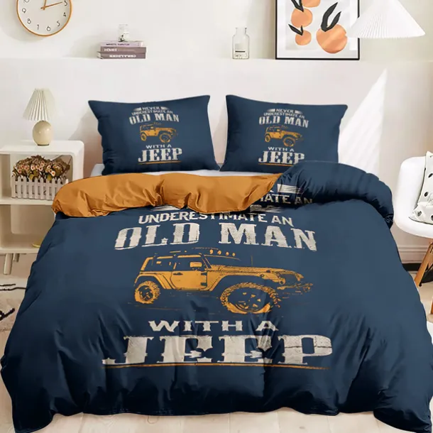 Graphic Car Old Man Duvet Cover Set Vintage Retro Style Soft Durable Microfiber Quilt Cover with Pillowcases Unique Bedroom Decor