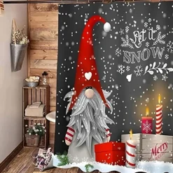 Gray Background Elf Bathroom Shower Curtain, Cute Christmas Snowflake Pattern Shower Curtain, Winter Christmas Holiday Bathroom Curtain, With 12 Plastic Hooks