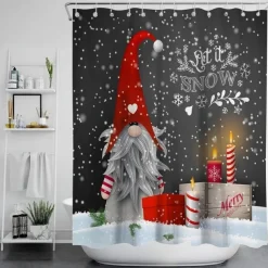 Gray Background Elf Bathroom Shower Curtain, Cute Christmas Snowflake Pattern Shower Curtain, Winter Christmas Holiday Bathroom Curtain, With 12 Plastic Hooks