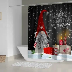 Gray Background Elf Bathroom Shower Curtain, Cute Christmas Snowflake Pattern Shower Curtain, Winter Christmas Holiday Bathroom Curtain, With 12 Plastic Hooks