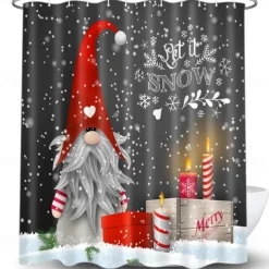Gray Background Elf Bathroom Shower Curtain, Cute Christmas Snowflake Pattern Shower Curtain, Winter Christmas Holiday Bathroom Curtain, With 12 Plastic Hooks