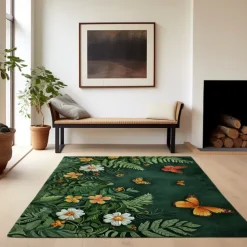 Green Butterfly Plant Area Rug Kitchen Mat Non-Slip Oil Proof Floor Mat Livingroom Rug Indoor Outdoor Mat Bedroom Decor Bathroom Mat Entrance Rug Door Mat
