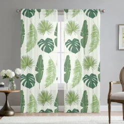 Green Eucalyptus Leaves Sheer Curtains Rod Pocket Drapes For Living Room Bedroom, Chiffon Farmhouse Curtain for Kitchen Balcony Door Window Treatments Room Darkening