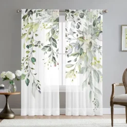 Green Eucalyptus Leaves Sheer Curtains Rod Pocket Drapes For Living Room Bedroom, Chiffon Farmhouse Curtain for Kitchen Balcony Door Window Treatments Room Darkening