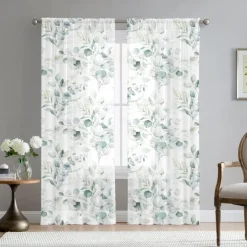 Green Eucalyptus Leaves Sheer Curtains Rod Pocket Drapes For Living Room Bedroom, Chiffon Farmhouse Curtain for Kitchen Balcony Door Window Treatments Room Darkening