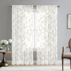 Green Eucalyptus Leaves Sheer Curtains Rod Pocket Drapes For Living Room Bedroom, Chiffon Farmhouse Curtain for Kitchen Balcony Door Window Treatments Room Darkening