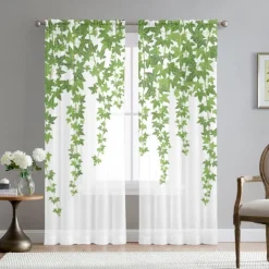 Green Eucalyptus Leaves Sheer Curtains Rod Pocket Drapes For Living Room Bedroom, Chiffon Farmhouse Curtain for Kitchen Balcony Door Window Treatments Room Darkening