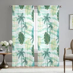 Green Eucalyptus Leaves Sheer Curtains Rod Pocket Drapes For Living Room Bedroom, Chiffon Farmhouse Curtain for Kitchen Balcony Door Window Treatments Room Darkening