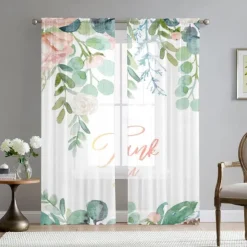 Green Eucalyptus Leaves Sheer Curtains Rod Pocket Drapes For Living Room Bedroom, Chiffon Farmhouse Curtain for Kitchen Balcony Door Window Treatments Room Darkening