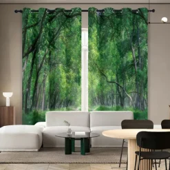 Green Healing Series Natural Forest Landscape Insulation Outdoor Balcony Rest Living Room Home Decoration 2-piece Set 3D Digital Printing Perforated Sunshade Curtains