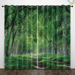 Green Healing Series Natural Forest Landscape Insulation Outdoor Balcony Rest Living Room Home Decoration 2-piece Set 3D Digital Printing Perforated Sunshade Curtains