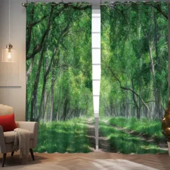 Green Healing Series Natural Forest Landscape Insulation Outdoor Balcony Rest Living Room Home Decoration 2-piece Set 3D Digital Printing Perforated Sunshade Curtains