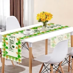 Green Lucky Shamrock St. Patrick's Day Table Runner, Seasonal Spring Holiday Kitchen Dining Table Decoration For Indoor Outdoor Home Party Decor