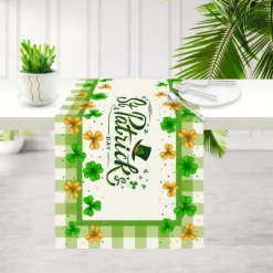 Green Lucky Shamrock St. Patrick's Day Table Runner, Seasonal Spring Holiday Kitchen Dining Table Decoration For Indoor Outdoor Home Party Decor