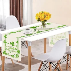 Green Lucky Shamrock St. Patrick's Day Table Runner, Seasonal Spring Holiday Kitchen Dining Table Decoration For Indoor Outdoor Home Party Decor