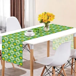 Green Lucky Shamrock St. Patrick's Day Table Runner, Seasonal Spring Holiday Kitchen Dining Table Decoration For Indoor Outdoor Home Party Decor