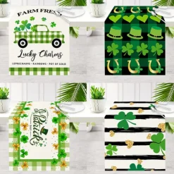 Green Lucky Shamrock St. Patrick's Day Table Runner, Seasonal Spring Holiday Kitchen Dining Table Decoration For Indoor Outdoor Home Party Decor