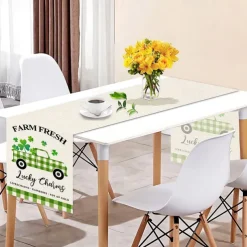 Green Lucky Shamrock St. Patrick's Day Table Runner, Seasonal Spring Holiday Kitchen Dining Table Decoration For Indoor Outdoor Home Party Decor