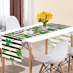 Green Lucky Shamrock St. Patrick's Day Table Runner, Seasonal Spring Holiday Kitchen Dining Table Decoration For Indoor Outdoor Home Party Decor