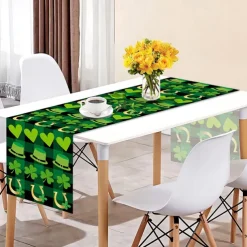 Green Lucky Shamrock St. Patrick's Day Table Runner, Seasonal Spring Holiday Kitchen Dining Table Decoration For Indoor Outdoor Home Party Decor