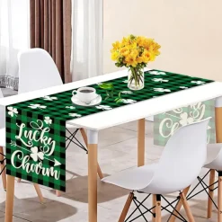 Green Lucky Shamrock St. Patrick's Day Table Runner, Seasonal Spring Holiday Kitchen Dining Table Decoration For Indoor Outdoor Home Party Decor