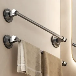 Gun Gray Suction Cup Towel Rack Bathroom Non Perforated Space Aluminum Bathroom Storage Rack Wall Mounted Single Pole Towel Pole